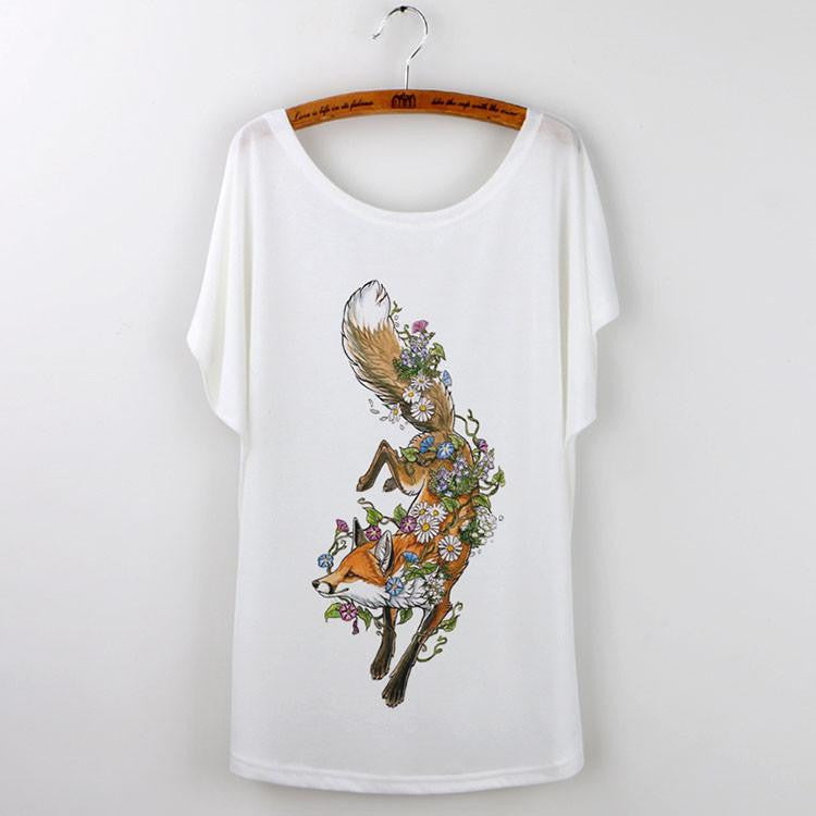 Tops Animal T-Shirts For Women Clothing Cute Fox Short Sleeve White T Shirt Tee Shirt