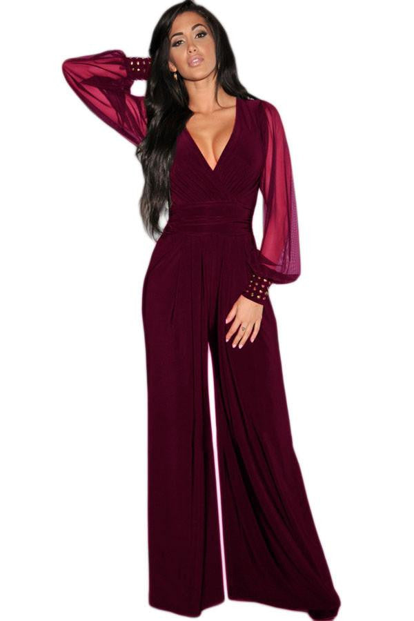 womens rompers Club Party Black wine blue V-neck Embellished Cuffs Long Mesh Sleeves Loose Jumpsuit LC6650