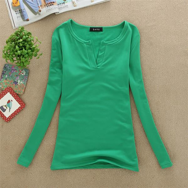 Online discount shop Australia - Factory Price New women basic V Neck Long Sleeve fitted plain top solid stretch shirt S-M