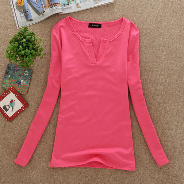 Online discount shop Australia - Factory Price New women basic V Neck Long Sleeve fitted plain top solid stretch shirt S-M