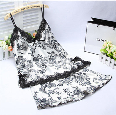 Online discount shop Australia - Ladies Sexy Silk Satin Pajama Set Lace Set Sleeveless Set V-neck Sleepwear Home Wear Sleep Wear For Women