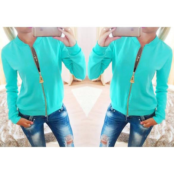 Women Jackets And Coats Solid Color Zipper Slim Fitness Thin Jacket O-neck Long Sleeve Outerwear Clothes