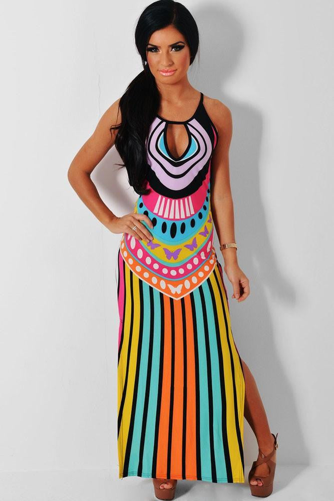 Women Style Summer Holiday Multicolor Keyhole Dress Multicolor Side Split Maxi Print Dress LC60650 Vestidos Longos