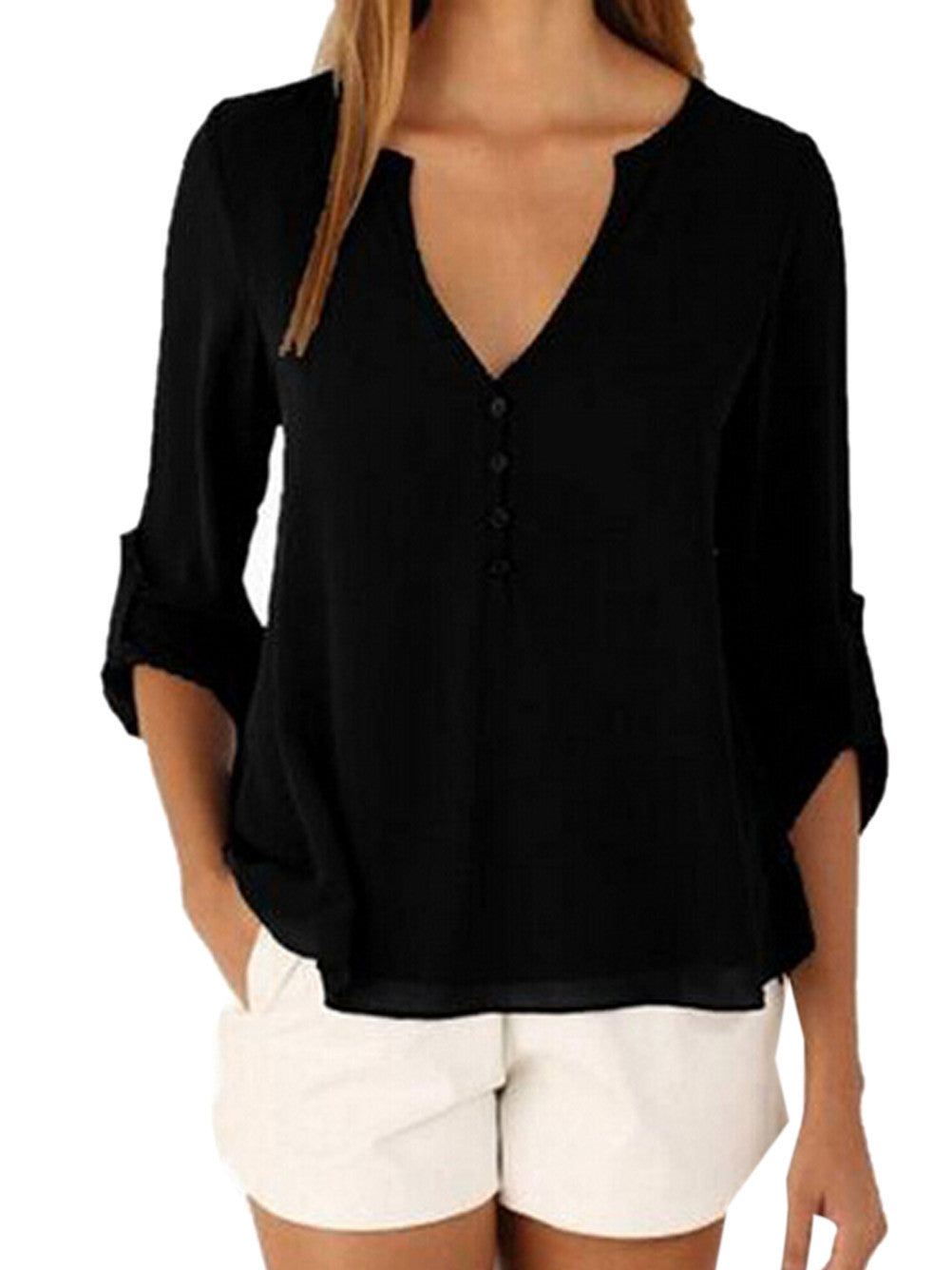 Sheer V Neck Top Button High Low Shirt Blouse Loose Sheer Chiffon Casual Casual Shirt Women Elegant Office Wear Tops