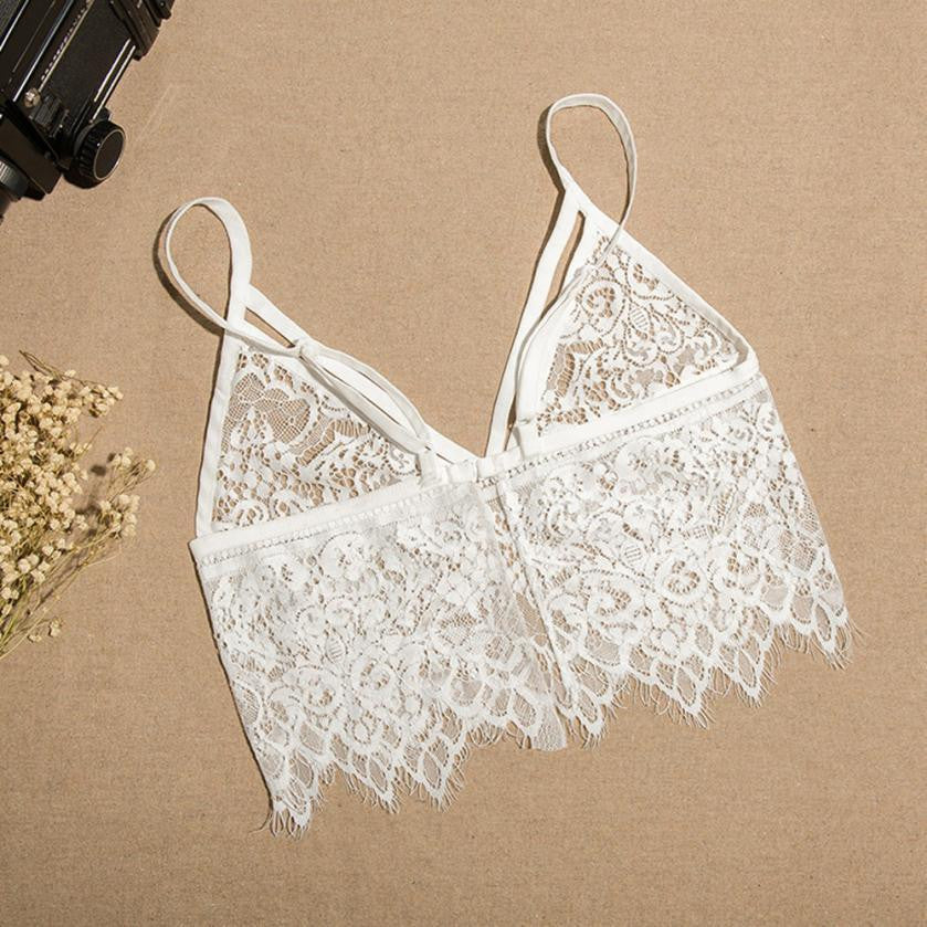 Women Crop Tops Hollow Out Camis Translucent Underwear Sheer Lace Strap Lingerie Bra Tops