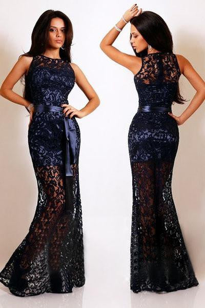 women sexy long dress ladies Red White Navy Blue Lace Satin Patchwork Maxi Party Dress LC6809