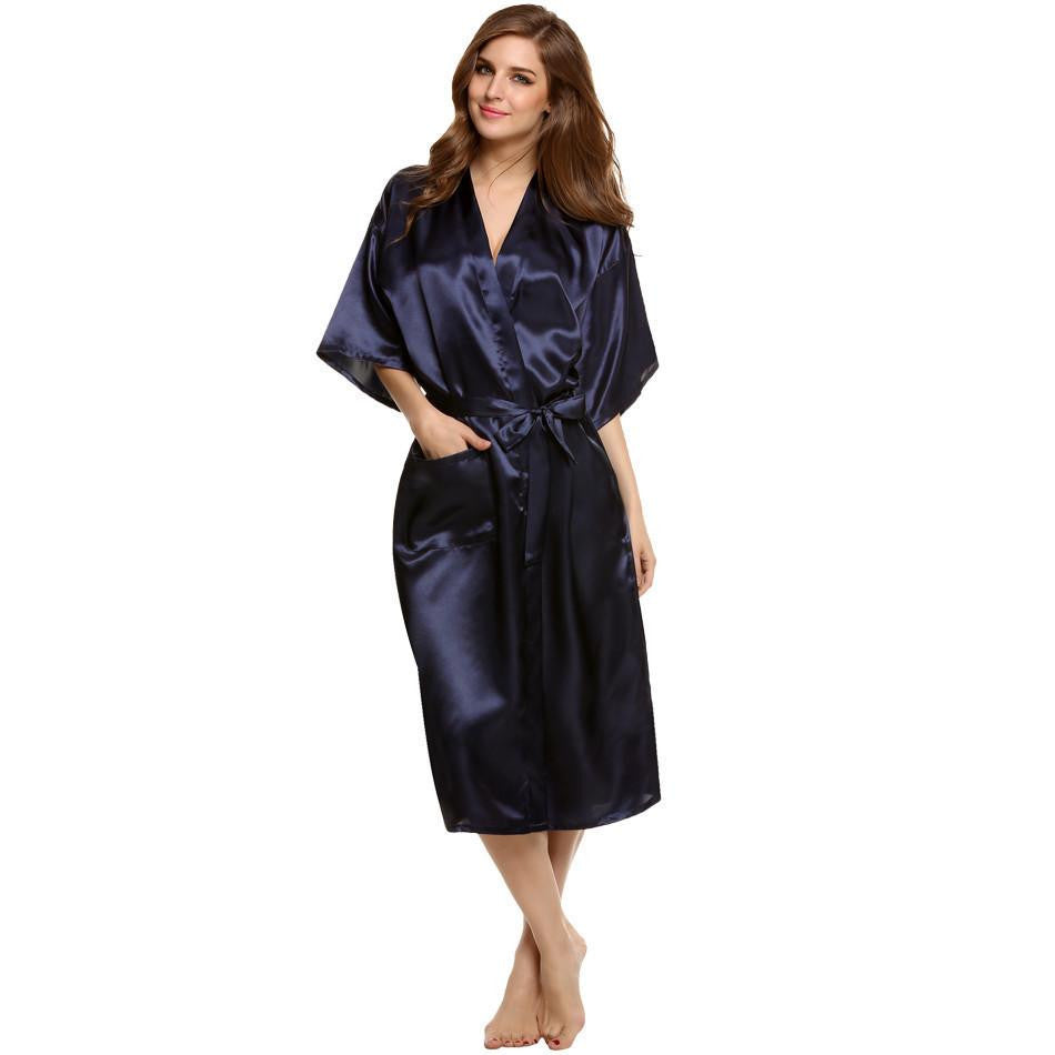 Women Nightwear Robes Sleepwear Long Night Dress Gown Robe with Belt Silk Pajamas