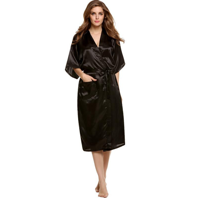 Women Nightwear Robes Sleepwear Long Night Dress Gown Robe with Belt Silk Pajamas