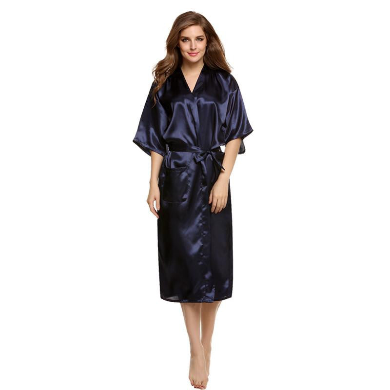 Women Nightwear Robes Sleepwear Long Night Dress Gown Robe with Belt Silk Pajamas