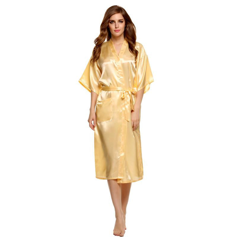 Women Nightwear Robes Sleepwear Long Night Dress Gown Robe with Belt Silk Pajamas