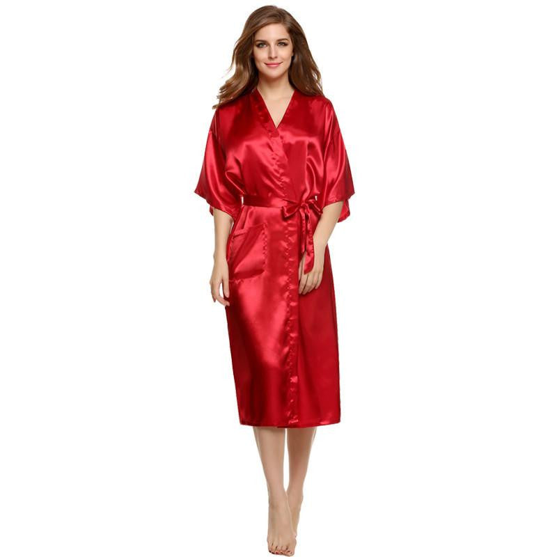 Women Nightwear Robes Sleepwear Long Night Dress Gown Robe with Belt Silk Pajamas