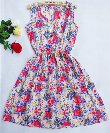 Online discount shop Australia - Fashion casual Women vestidos Sleeveless Round Neck Florals Print Dress Saias Femininas Summer Clothing