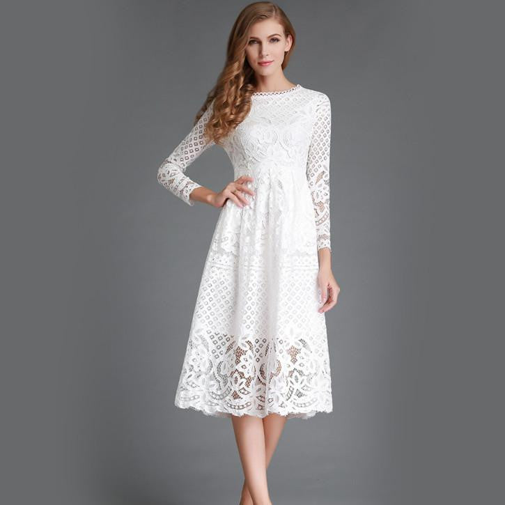 Online discount shop Australia - New Autumn Fashion Hollow Out Elegant White Lace Elegant Party Dress High Quality Women Long Sleeve Casual Dresses H016