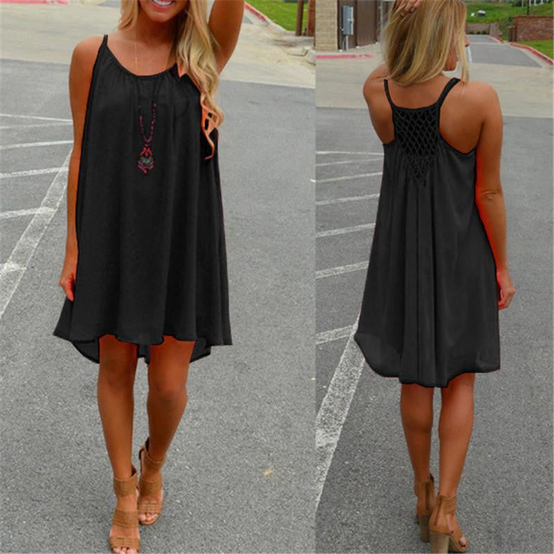 Summer Women Chiffon Short Dress Strap Sleeveless Hollow Back Beach Mini Dresses Loose Casual Vestidos 7 Colors