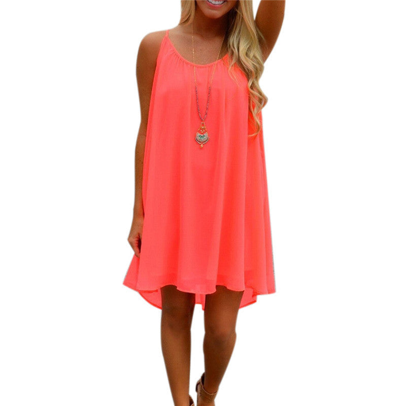 Summer Women Chiffon Short Dress Strap Sleeveless Hollow Back Beach Mini Dresses Loose Casual Vestidos 7 Colors