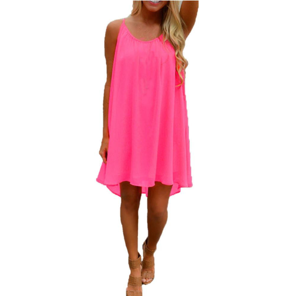 Summer Women Chiffon Short Dress Strap Sleeveless Hollow Back Beach Mini Dresses Loose Casual Vestidos 7 Colors