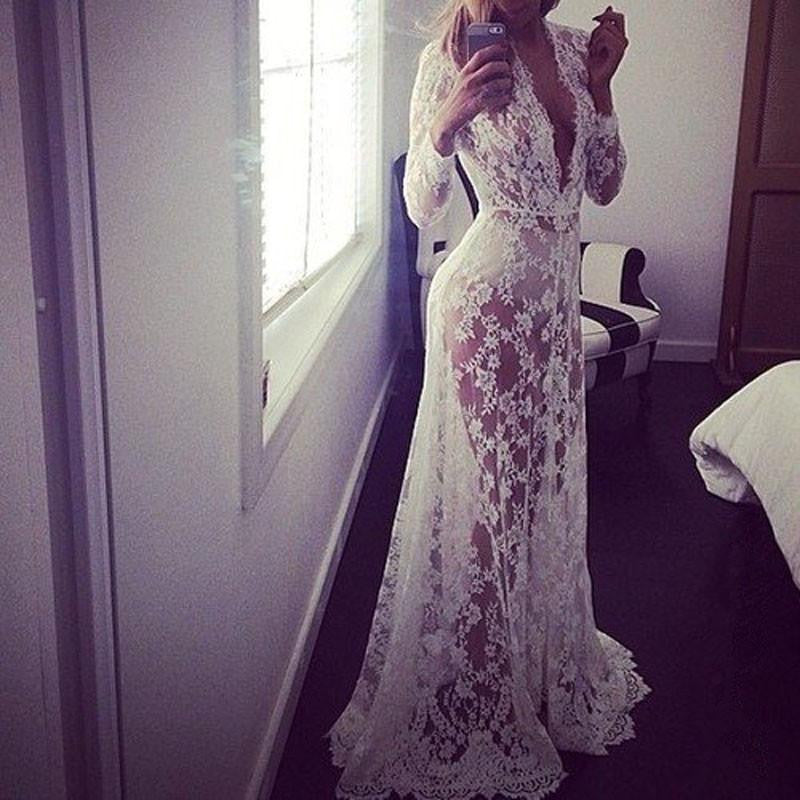 Summer European Style Womens Lace Embroidery Maxi Solid White Dress Long Sleeve Deep V Neck Vestidos Plus Size S-XL