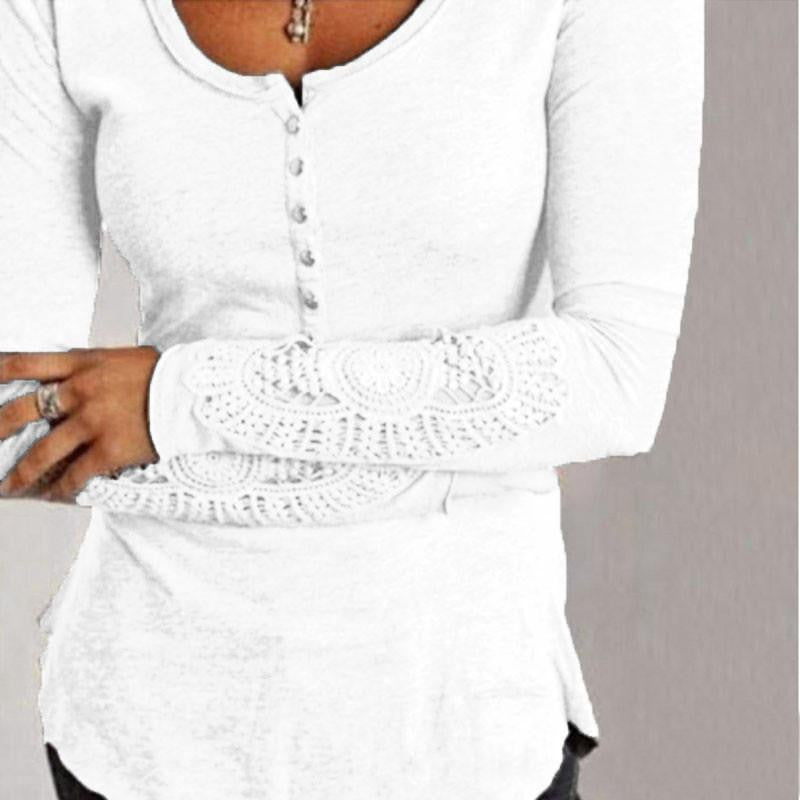 Women Casual Blouses Shirts Ladies Simple Embroidery O Neck Long Sleeve Lace Splice Tee Tops Plus Size