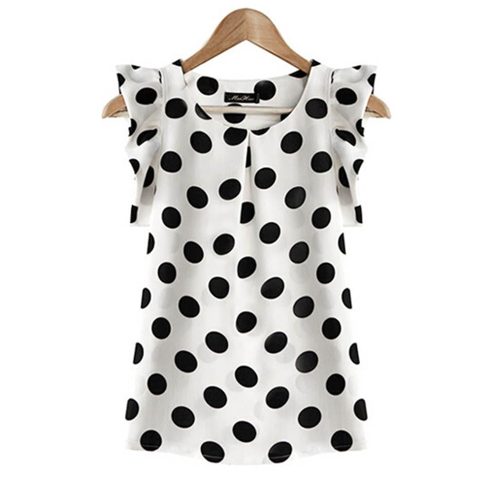 Womens Ladies Chiffon Puffed Short Sleeve Dot Print Top Blouse