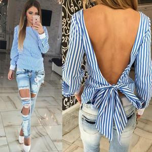 Women Bowknot Backless Striped Blouses Shirts Long Sleeve O neck Blouse Women Bandage Novelty Female Tops Plus Size M0132