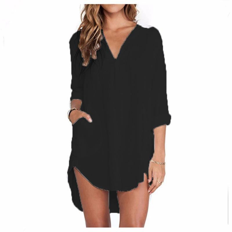 Women See Through Chiffon Shirts Dress Long Sleeve Pocket Casual Blouse Tops Plus Size XS-6XL