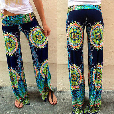 Blue Ladies Women's Fashion Floral Print Harem Pants Women Beach Clothing Loose Elastic Waist Trousers Casual Beach Pants