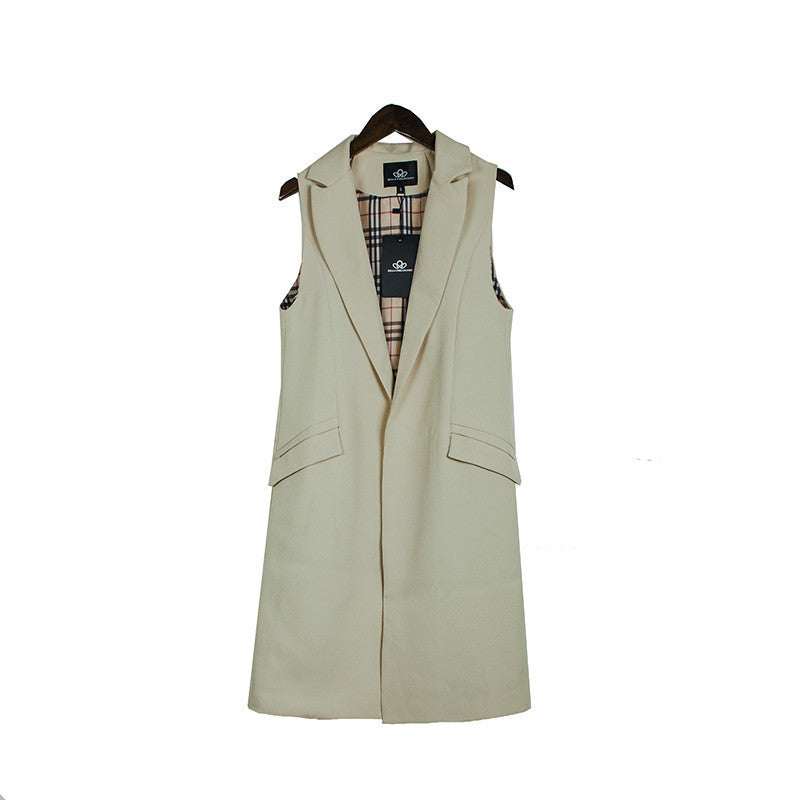 long pockets turn-down collar open stitch sleeveless pantone blue pink beige black blazer vest jackets
