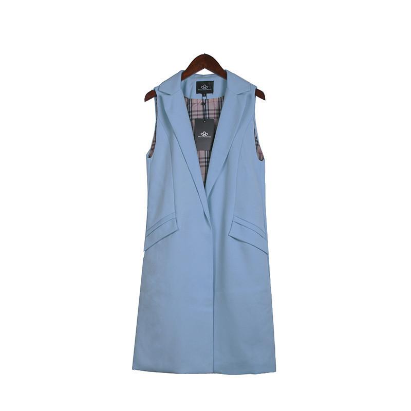 Fashion Long Pockets Turn-down Collar Open Stitch Sleeveless Pantone Blue Pink Beige Black Blazer Vest Jackets JAC255