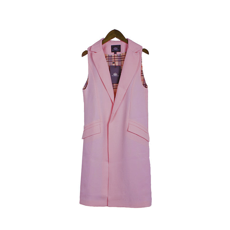 long pockets turn-down collar open stitch sleeveless pantone blue pink beige black blazer vest jackets