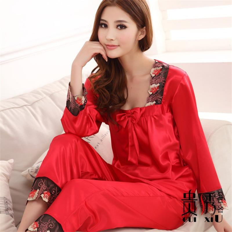 Womens Silk Pajamas Sets Female Lace Embroidered Satin Sleepwear Loungewear L-3XL