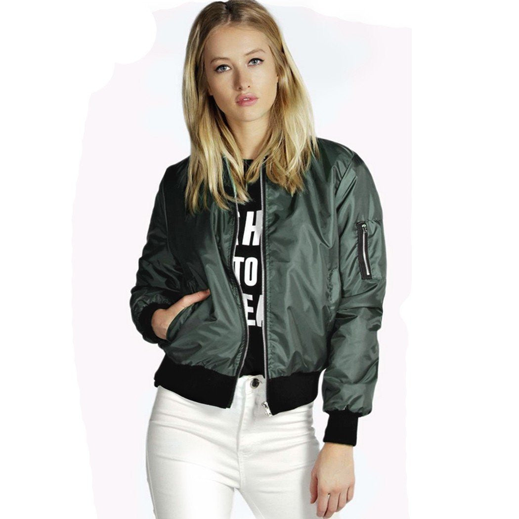 Womens Retro Long Sleeve O-Neck Short Zipper Slim Bomber Jacket Casual Coat MA1 Pilot Bomber Jackets