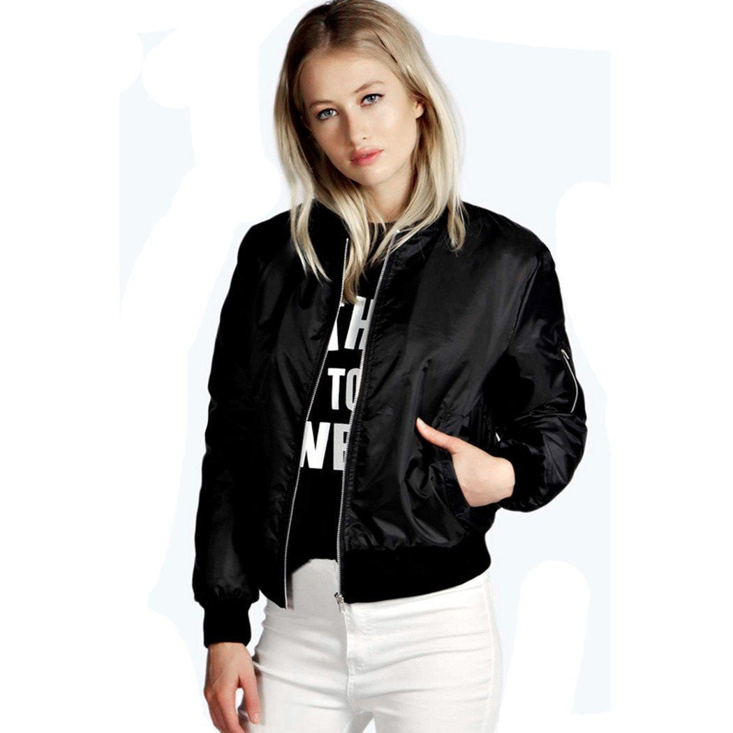 Womens Retro Long Sleeve O-Neck Short Zipper Slim Bomber Jacket Casual Coat MA1 Pilot Bomber Jackets