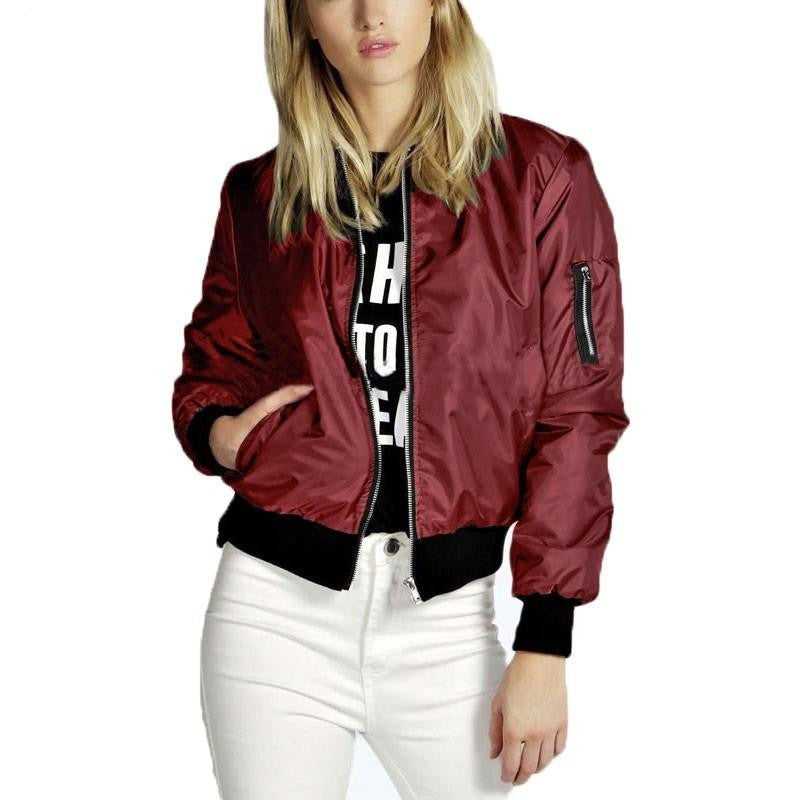 Womens Retro Long Sleeve O-Neck Short Zipper Slim Bomber Jacket Casual Coat MA1 Pilot Bomber Jackets