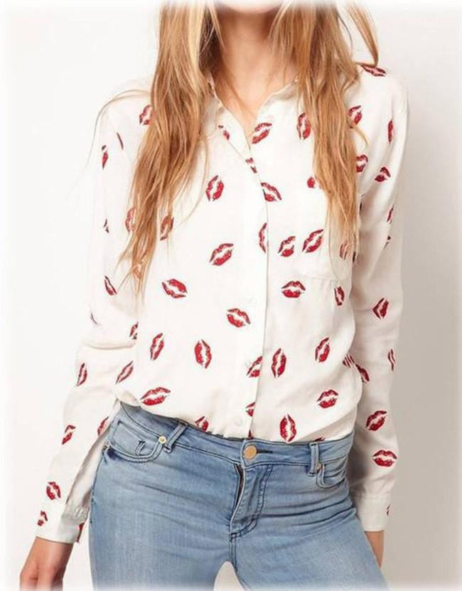 Women Blouse Turn-down Collar Red Lip Print White Lady Chiffon Shirt Long Sleeve Tops Plus Size y487