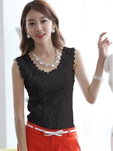 Women Blouse Lace Vintage Sleeveless White Crochet Casual Shirts Tops Plus Size S M L XL XXL