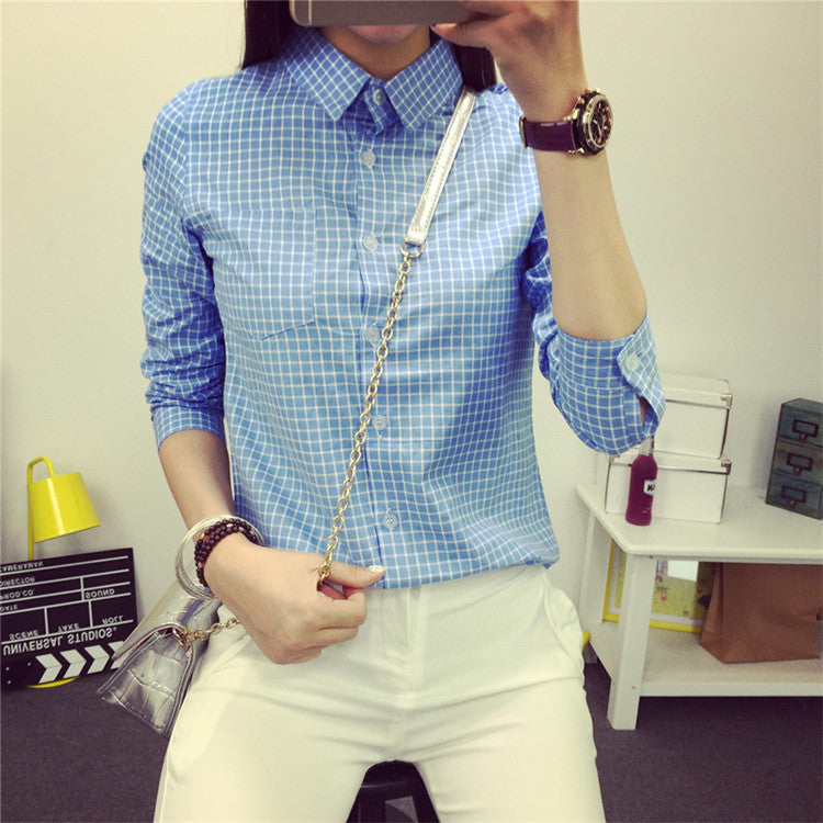 Plaid Women Blouse small Casual Lapel Shirt OL Long Sleeve Cotton Shirts Women Classic Grid Shirts Tops Plus size