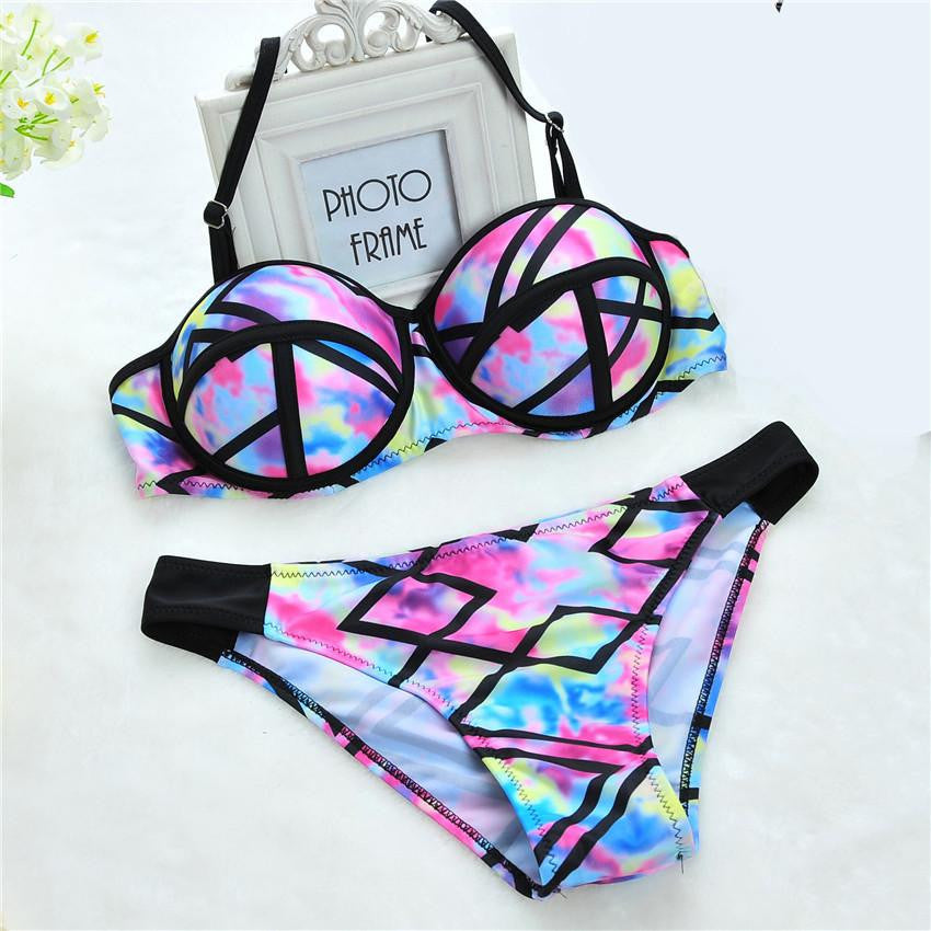 Floral Print Halter Straps tie dye Bikini Set with Padded Push up for Women Biquini Bathing Suit