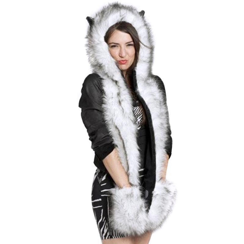 Warm Animal Fur Hat Scarf Fluffy Plush Cap Ear Hood Shawl Glove Unisex DM#6