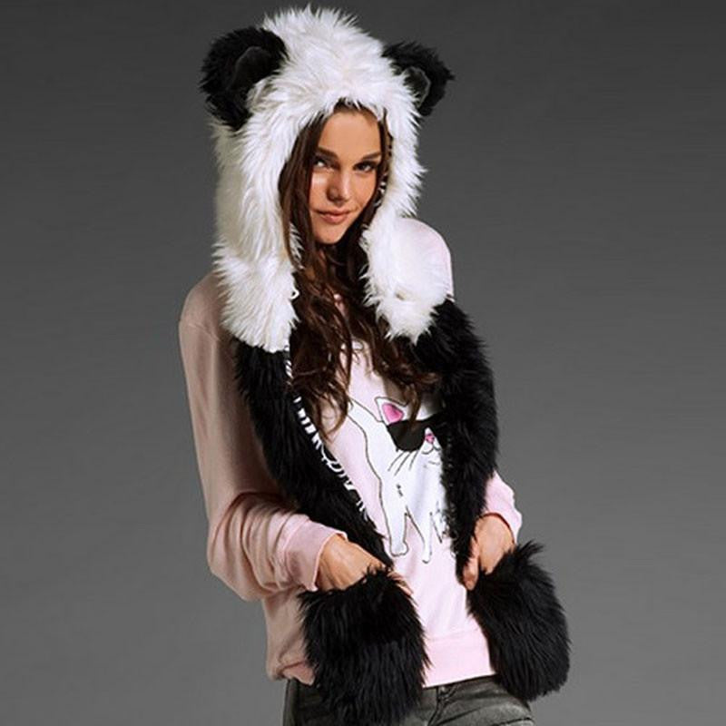 Warm Animal Fur Hat Scarf Fluffy Plush Cap Ear Hood Shawl Glove Unisex DM#6
