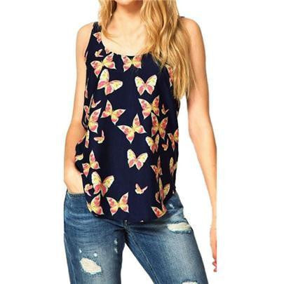 t-shirts women tank slim chiffon fashion butterfly print sleeveless Tees o-neck cropped vintage tops
