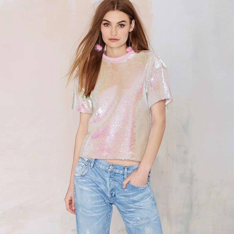 Online discount shop Australia - Fashion Women Pink Sequined Ribbing T-shirts Loose O-neck Short Sleeve T-shirt