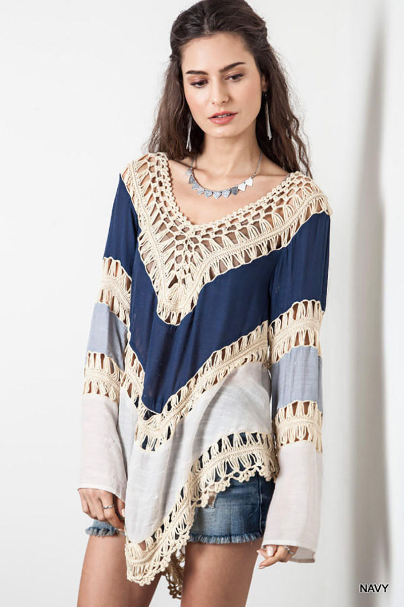 Online discount shop Australia - Bohemian Lace crochet t-shirts for women long flare sleeve splice fashion t shirt vintage handmade knitted female t-shirt