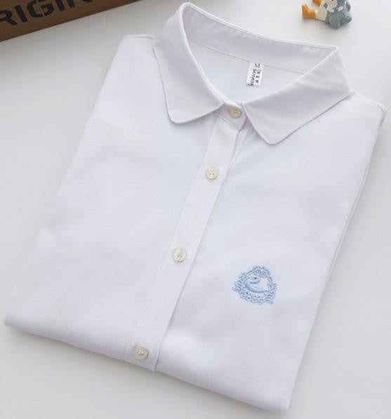 White Blouse Women Work Wear Button Up Lace Turn Down Collar Long Sleeve Cotton Top Shirt Plus Size S-XXL T56302