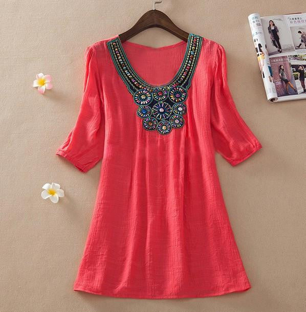 Women Floral Embroidery Plus Size XXXL Loose Blouse Shirts 7 Candy Colors Chiffon Casual Shirt Tops