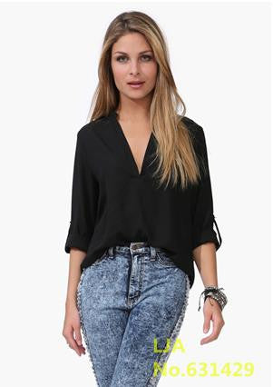Women Chiffon Blouse V-neck Long Sleeve Casual Women Tops Temperament Solid Shirts Plus Size M-XXL S016