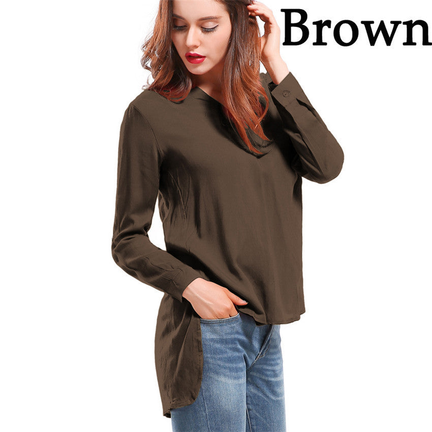 Online discount shop Australia - Fashion female V-neck blouses Cotton irregular Solid Loose Long sleeve shirts Ladies tops Streetwear Women Plus Size