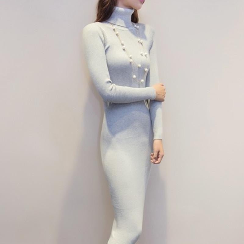 women winter sweater dresses slim Turtleneck long knitted dress sexy bodycon robe dress D019