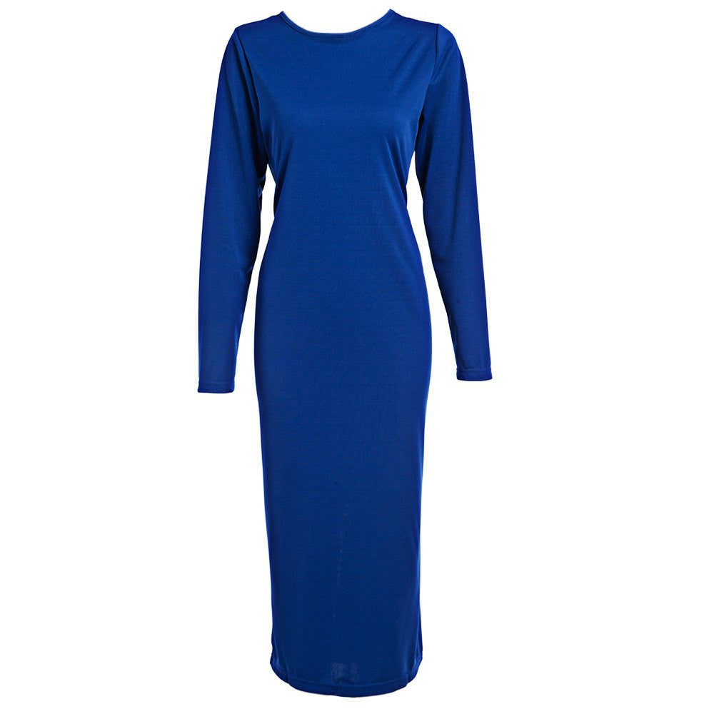 Autumn Maxi Simple Round Collar Knee-Length Elegant Dress Long Sleeve Autumn Maxi Simple Round Collar Knee-Length Elegant Dress Long Sleeve