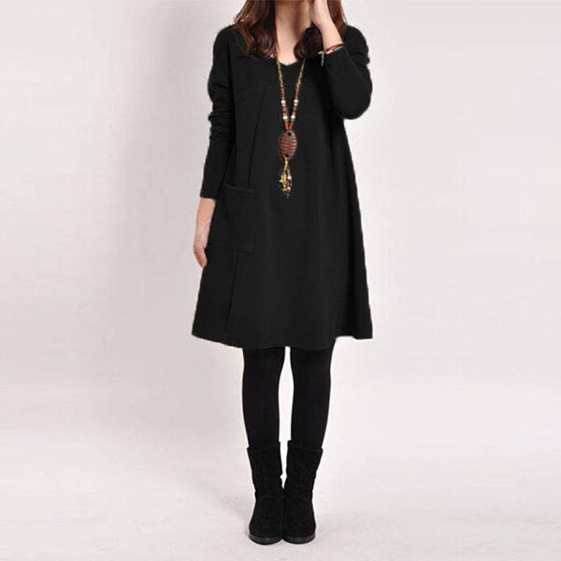 Zanzea Autumn Winter Women Long Sleeve Pocket Dress Solid O Neck Casual Loose Dresses Vestidos Plus Size S-5XL