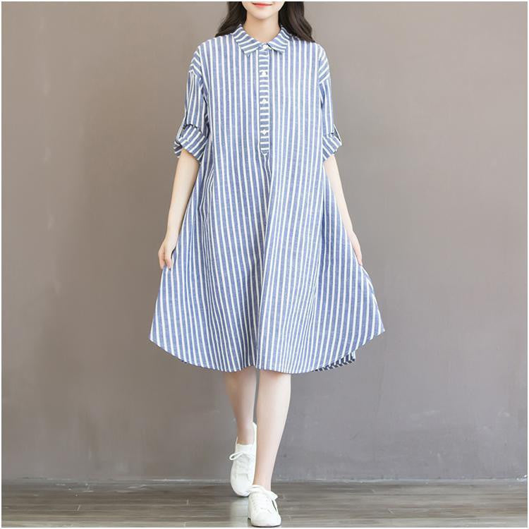 Striped Long Sleeve Comfortable Cotton Linen Loose Casual Shirt Dress Plus Size Women Dresses H243
